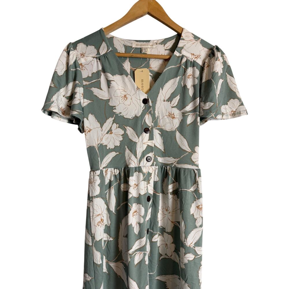 Monteau Sage Green White Floral Print Button VNeck Short Sleeve Midi Dress Small - Picture 2 of 8